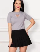 InPuff Basic Top gri din tricot fin cu inima din strassuri