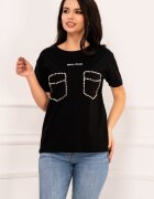 InPuff Basic Tricou casual negru cu buzunare decorative din strass