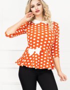 InPuff Bluza caramizie cu buline si peplum cu funda ecru in talie