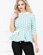 InPuff Bluza turquoise cu buline si peplum cu funda ecru in talie
