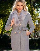 InPuff Palton elegant dama gri din stofa cu guler din blana si nasturi la mansete