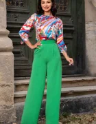 InPuff Pantaloni evazati verzi din vascoza cu talie inalta