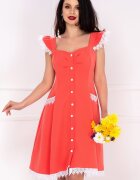InPuff Rochie corai cu volanase la umeri si broderie aplicata