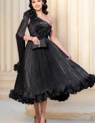 InPuff Rochie de ocazie neagra eleganta Caroline midi din voal peliculizat plisat