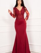InPuff Rochie de seara bordo pretioasa tip sirena cu broderie aplicata si margele