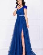 InPuff Rochie de seara Gratiela albastru royal cu perle in talie si accesoriu tip fulgi