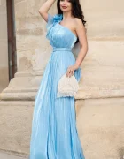 Josephine Rochie de seara lunga Fiorella bleu cu flore 3D pe umar