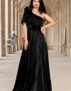 Josephine Rochie de seara lunga neagra Fiorella cu flore 3D pe umar