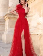 Josephine Rochie de seara rosie Clio din tulle brodat cu floare 3D pe umar si strassuri