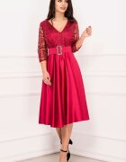 Josephine Rochie de soacra midi din tafta bordo cu dantela la bust si centura pretioasa