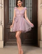 Josephine Rochie mini baby-doll roz cu trandafiri 3D la umeri