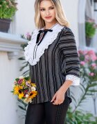 Legendaria Bluza eleganta neagra by Venezia cu dungi cusute si platca alba brodata