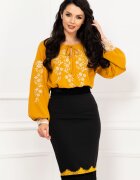 Legendaria Bluza traditionala mustar din vascoza cu flori ecru brodate
