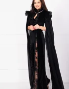 Legendaria Pantaloni negri eleganti din catifea cu decupaj acoperit cu tulle brodat