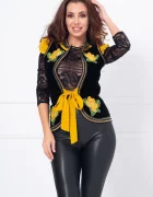 Legendaria Vesta traditionala neagra din catifea cu flori galbene brodate