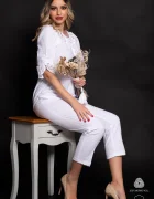 Lehel Pantaloni din bumbac albi cu detaliu crosetat in talie