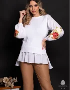 Lehel Pulover dama din bumbac alb cu maneci brodate cu bujori bordo si insertie tip camasa