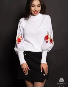 Lehel Pulover dama din bumbac alb cu maneci brodate cu trandafiri rosii