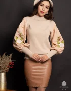 Lehel Pulover dama traditional din bumbac bej cu flori rosii brodate