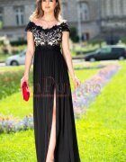 MBG Collection Rochie de seara neagra Agatha din dantela si triplu voal creponat