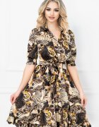 MBG Collection Rochie MBG de zi satinata petrecuta cu imprimeu maron