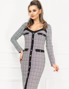 MBG Collection Rochie office conica gri cu carouri si nasturi argintii decorativi
