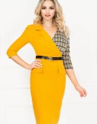MBG Collection Rochie office conica mustar cu imprimeu pied du coq si curea in talie