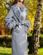 Patricia Palton dama gri elegant Fabiola din stofa cu guler din blana