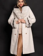 Patricia Palton dama lung elegant Aleksandra din stofa bej cu blana eco