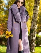 Patricia Palton elegant lung din stofa mov cu guler din blana ecologica