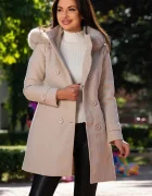 Patricia Palton elegant Lyudmila crem din stofa cu gluga si blanita detasabila