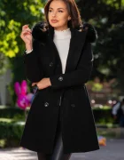 Patricia Palton elegant Lyudmila negru din stofa cu gluga si blanita detasabila