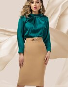 Pretty Girl Fusta office conica bej cu accesoriu metalic in talie