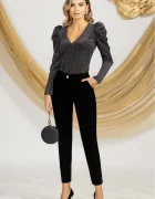 Pretty Girl Pantaloni conici negri din catifea cu nature pretios