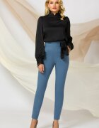 Pretty Girl Pantaloni dama office bleu cu talie inalta si funda neagra satinata