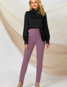 Pretty Girl Pantaloni dama office lila cu talie inalta si funda neagra satinata