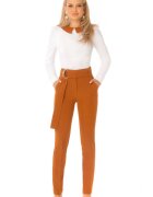 Pretty Girl Pantaloni office camel cu accesoriu metalic