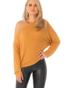 Pretty Girl Pulover mustar din vascoza cu umarul gol si maneci tip fluture