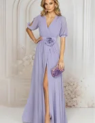Pretty Girl Rochie de seara lunga lila cu floare in talie si decolteu petrecut