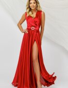 Pretty Girl Rochie de seara satinata rosie eleganta cu funda pretioasa