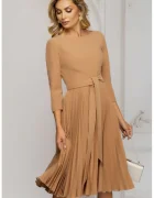 Pretty Girl Rochie de zi bej midi cu fusta plisata si cordon in talie