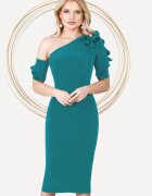 Pretty Girl Rochie eleganta de ocazie turquoise cu umar gol si volanase