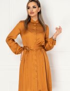 Pretty Girl Rochie mustar din vascoza cu cordon in talie si nasturi tip perla