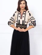 Traditional Bluza a bej din in cu broderie florala