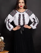 Traditional Ie a alba din bumbac Cecilia cu broderie cu motivul crucii