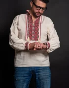Traditional Ie a barbati din bumbac bej Darius brodata cu simbolul crucii