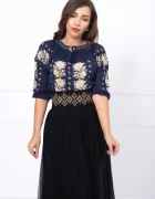 Traditional Ie a din vascoza bleumarin cu broderie florala bej