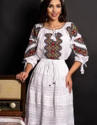 Traditional Ie alba cu broderie multicolora Ilinca cu motivul rombului