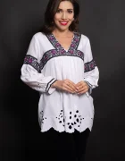 Traditional Ie alba din vascoza cu broderie perforata si trandafiri mov