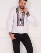 Traditional Ie barbateasca din bumbac alba cu motive populare multicolore